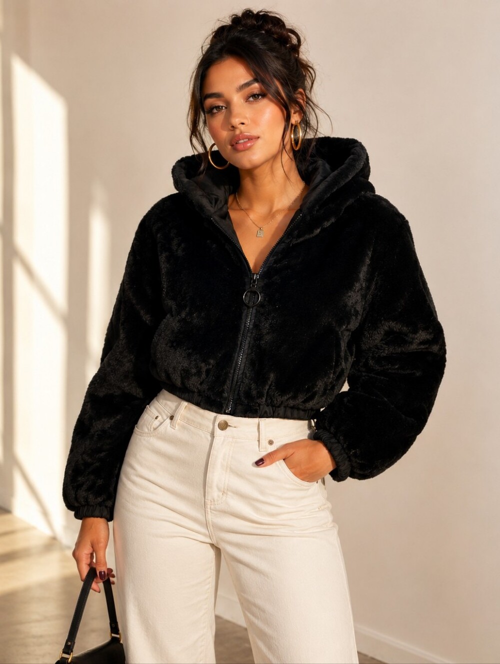 Crop 2-way Fur Mobwife Oversized Hoodie Jacket With Pockets S